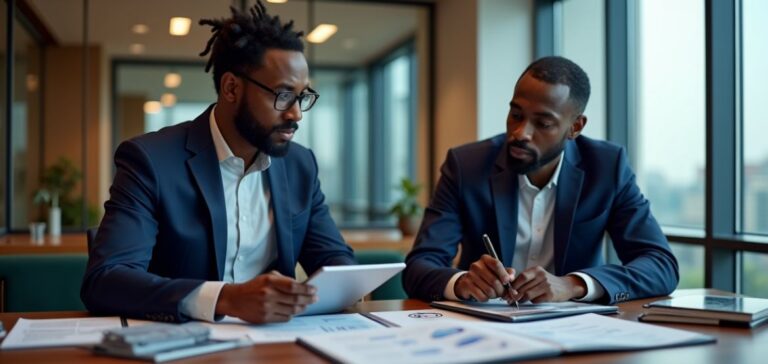 Person reviewing document for Best Bank For Plot Loan approval with bank representative.