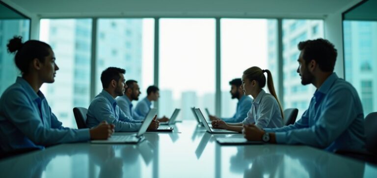 A business professional reviewing financial documents related to a C2p Loan with a cityscape in the background, representing