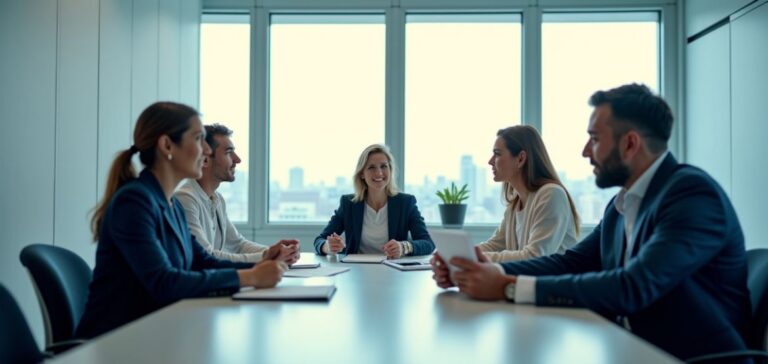 Group of diverse business professionals discussing Crowdfunding Investment Opportunities in a modern office setting in