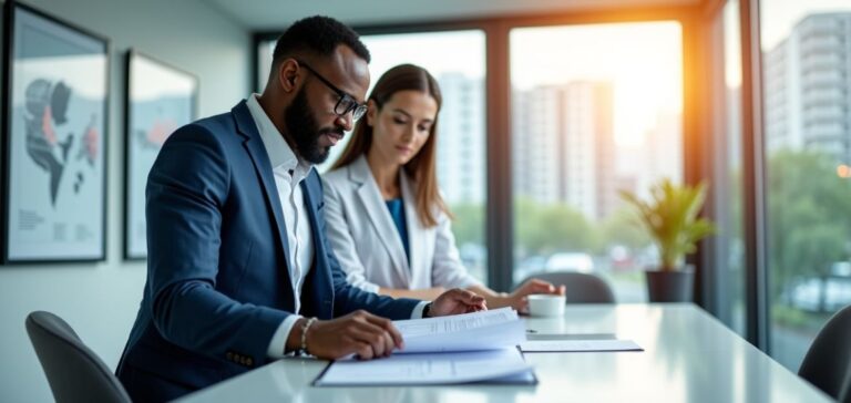 Business owner reviewing documents for an Unsecured Business Term Loan approval with a financial advisor.