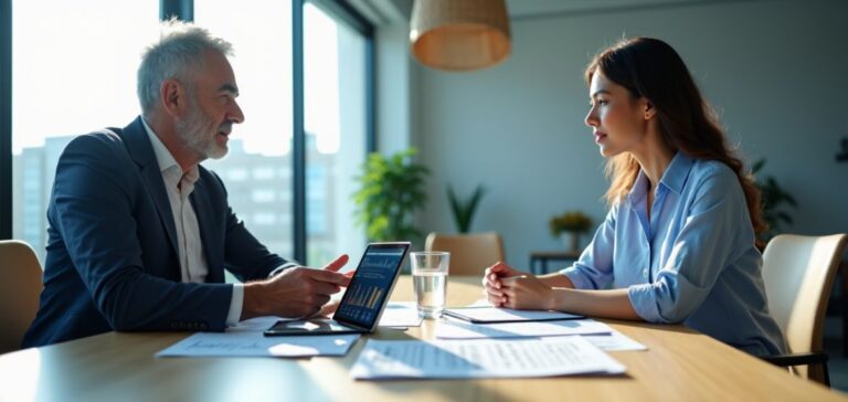 Business professional discussing an urgent loan with a direct lender representative from Top Notch Wealth Management in