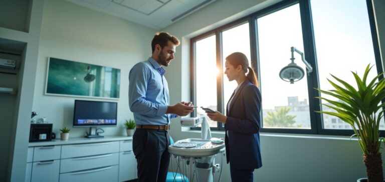 Man reviewing urgent short term loan application documents with a financial advisor.