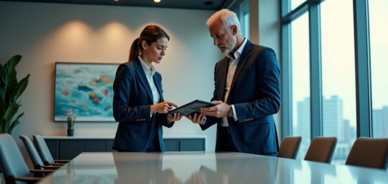 Man and woman smiling while reviewing USDA Direct Home Loan documents with a financial advisor